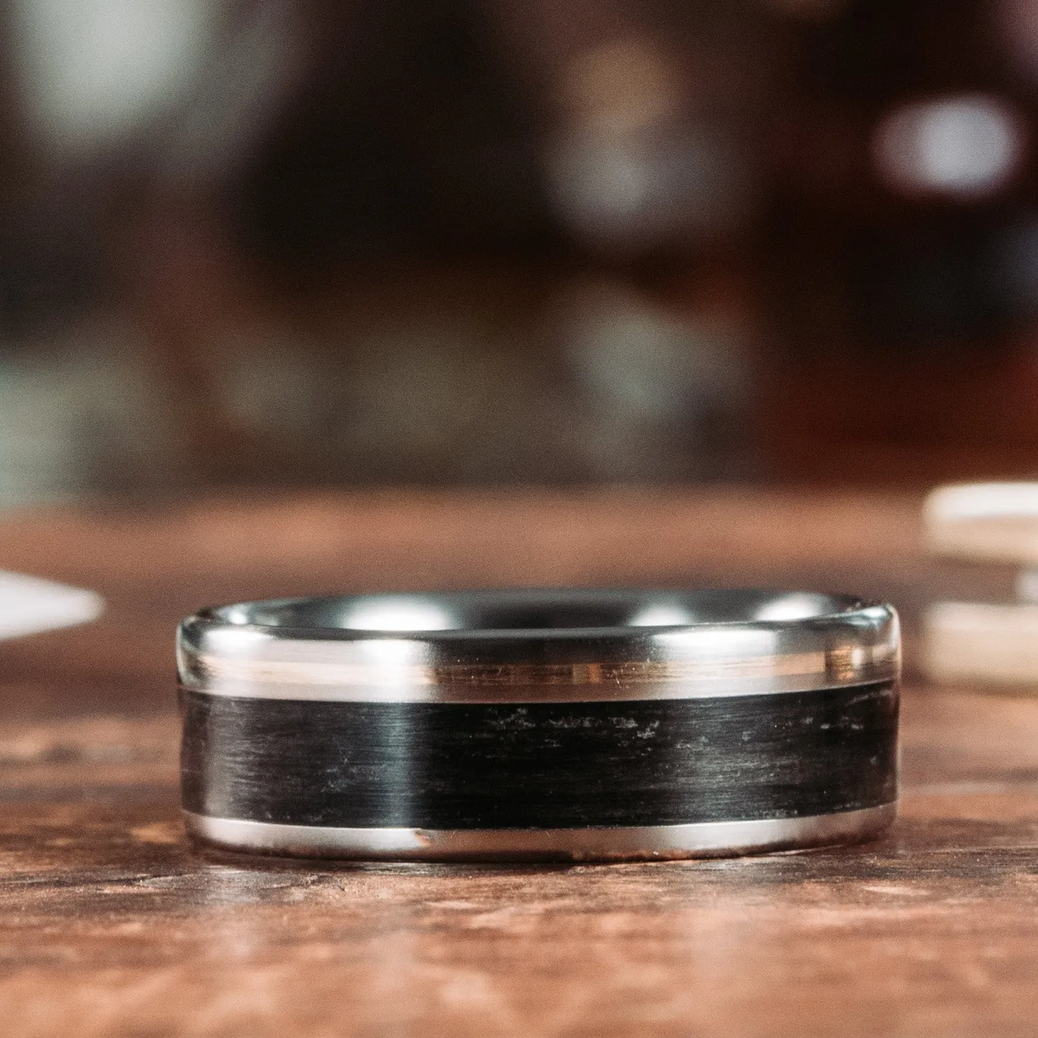 The Twain | Men's Titanium Wedding Band with Whiskey Barrel Wood & Offset Metal Inlay