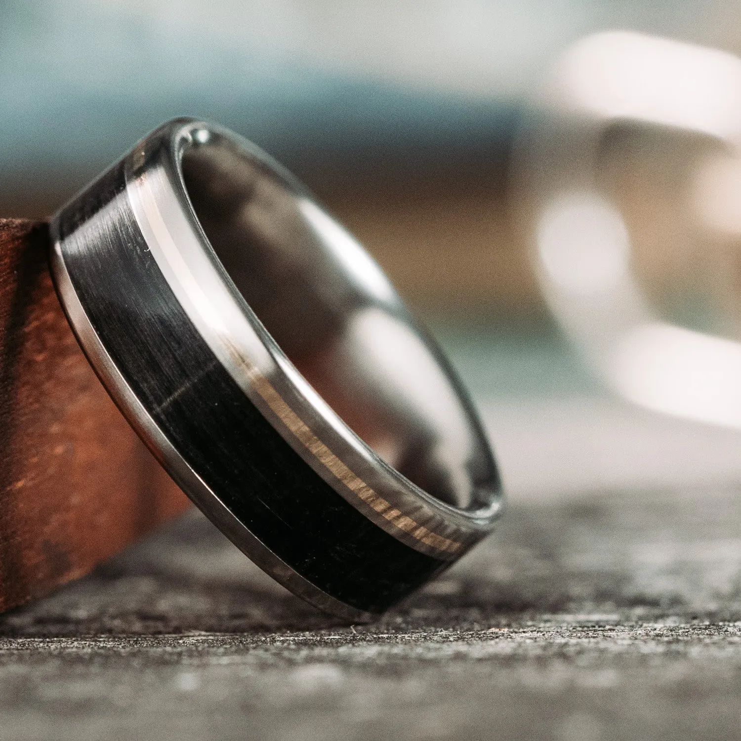 The Twain | Men's Titanium Wedding Band with Whiskey Barrel Wood & Offset Metal Inlay