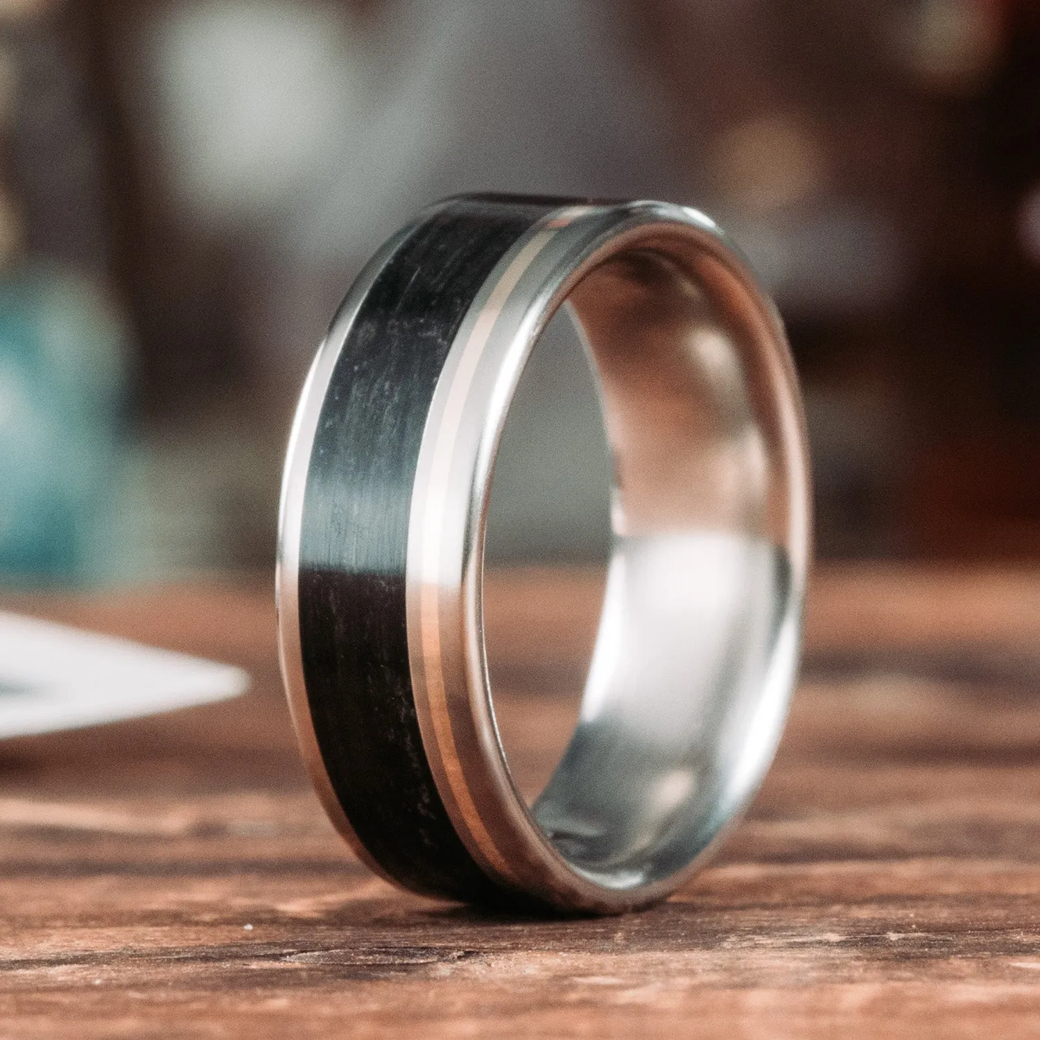 The Twain | Men's Titanium Wedding Band with Whiskey Barrel Wood & Offset Metal Inlay