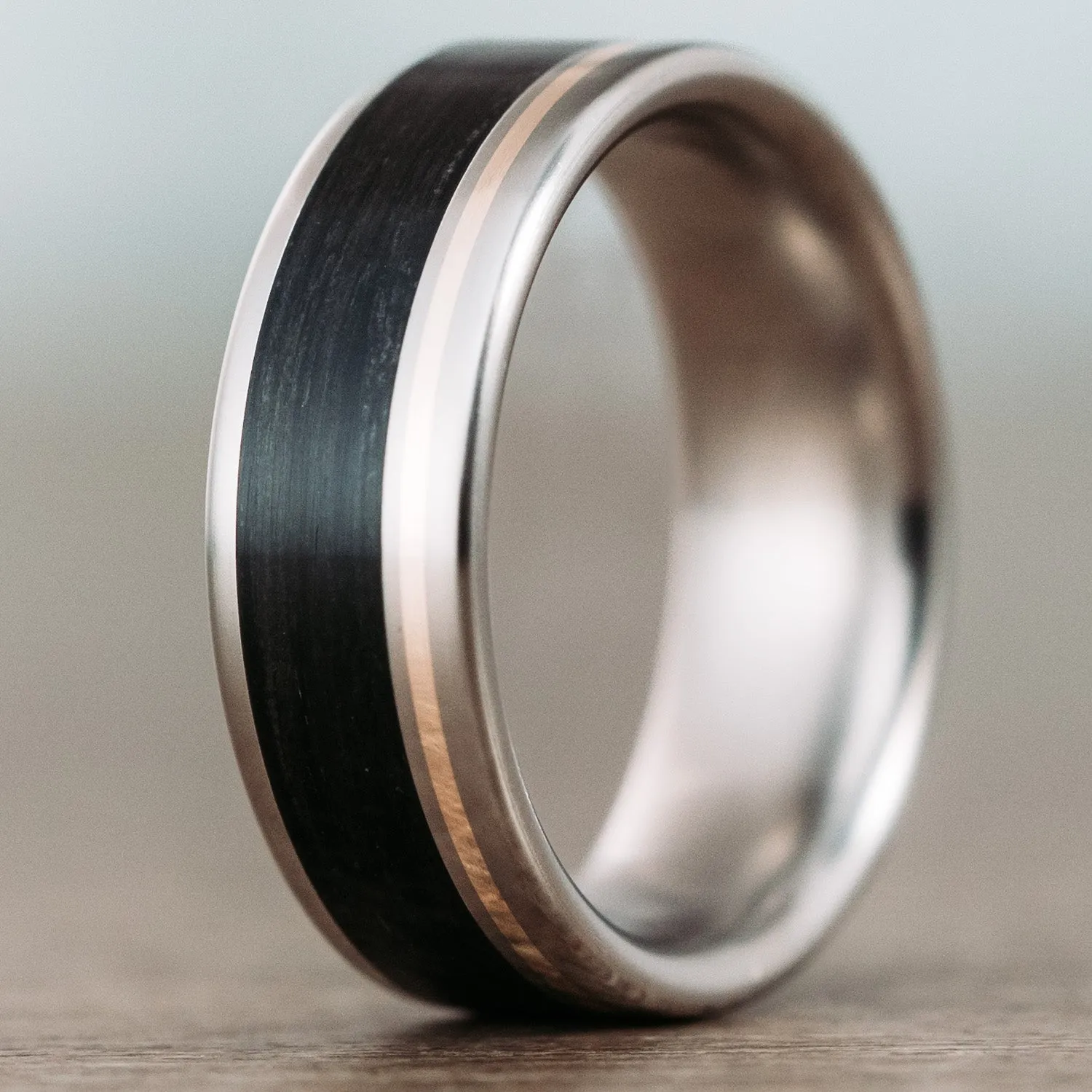 The Twain | Men's Titanium Wedding Band with Whiskey Barrel Wood & Offset Metal Inlay