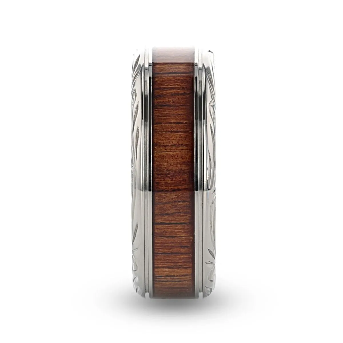 Thorsten OHANA Koa Wood Inlaid Titanium Wedding Ring w/ Detailed Edges 6-10mm