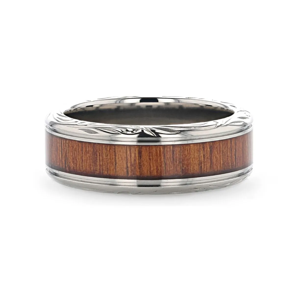 Thorsten OHANA Koa Wood Inlaid Titanium Wedding Ring w/ Detailed Edges 6-10mm