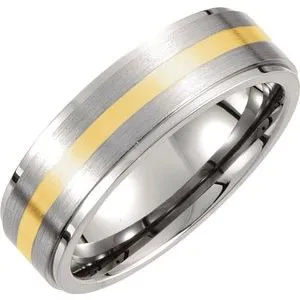 Titanium & 14K Yellow Inlay 7 mm Ridged & Satin Finished Band Size 12.5