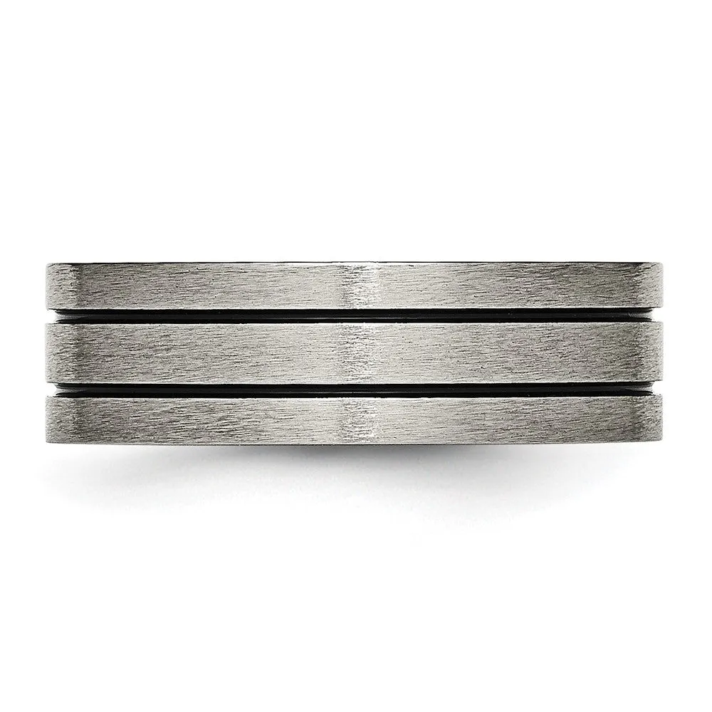 Titanium Brushed Black Enamel Grooved 7mm Flat Band