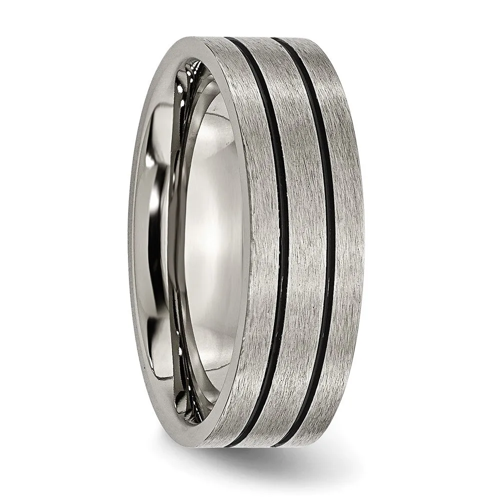 Titanium Brushed Black Enamel Grooved 7mm Flat Band