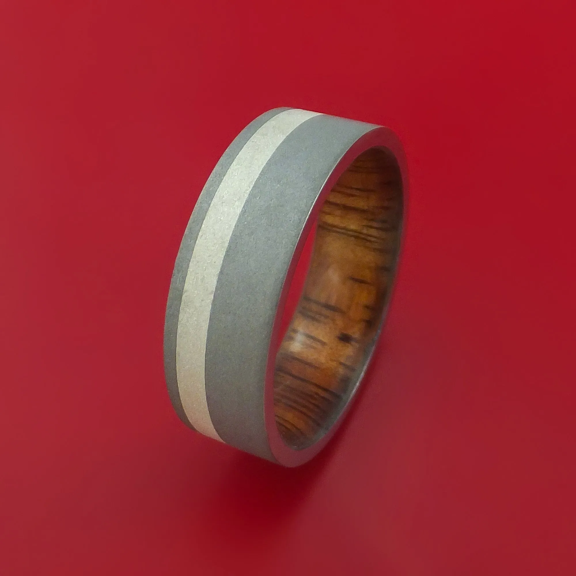 Titanium Ring with Palladium Silver Inlay and Interior Hardwood Sleeve Custom Made Band