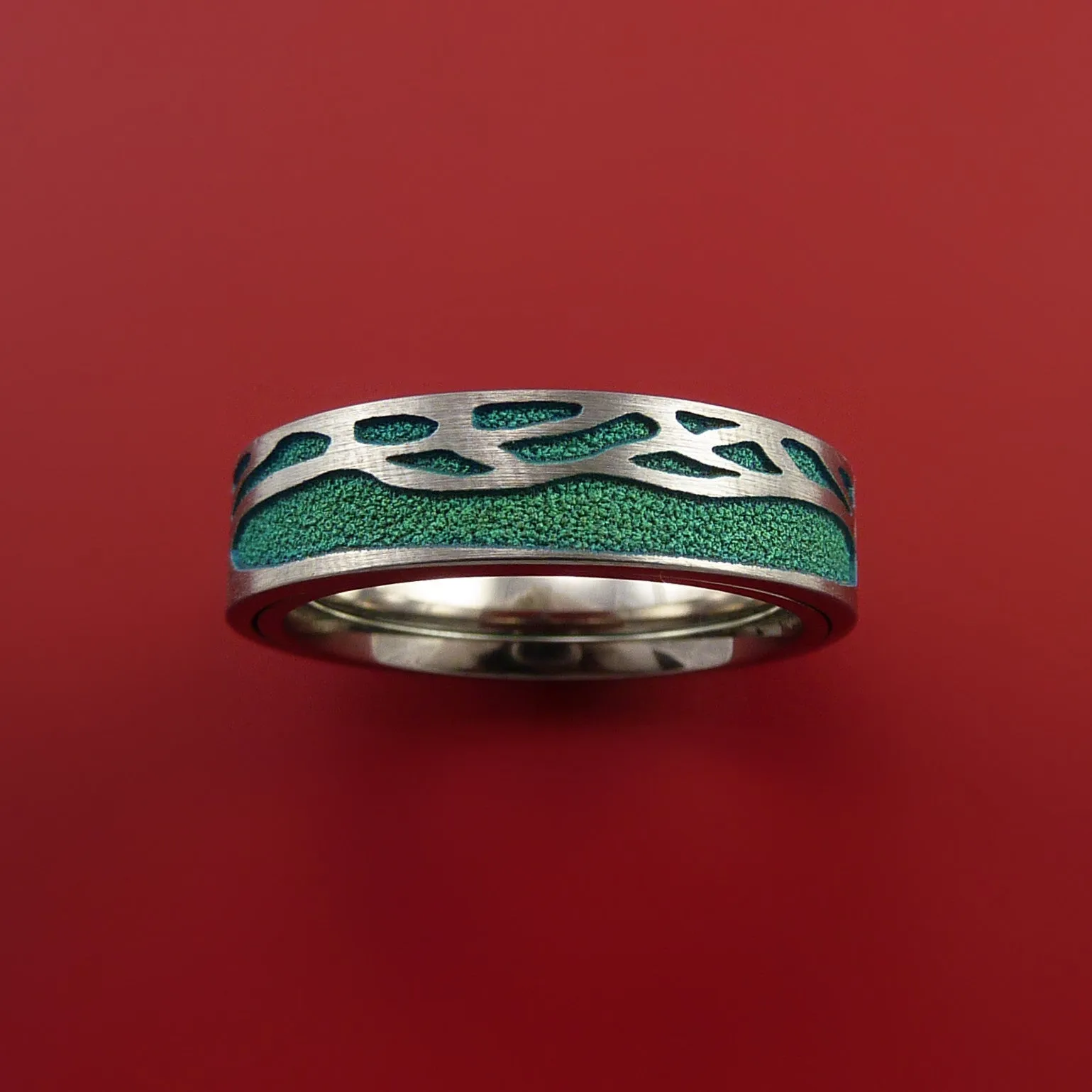 Titanium Spinner Ring with Two-Tree Laser-Etched Pattern and Cerakote Inlays Custom Made Band
