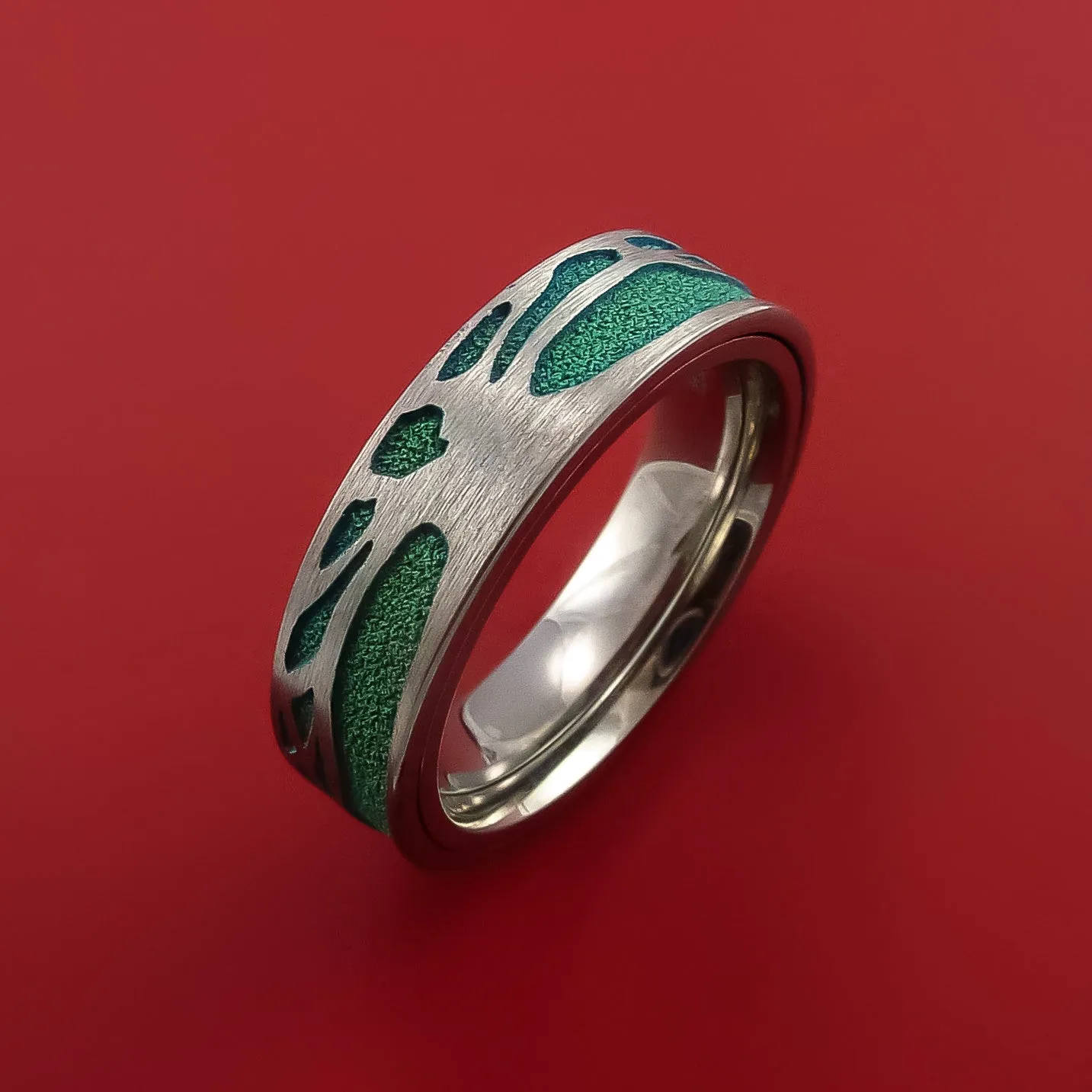 Titanium Spinner Ring with Two-Tree Laser-Etched Pattern and Cerakote Inlays Custom Made Band