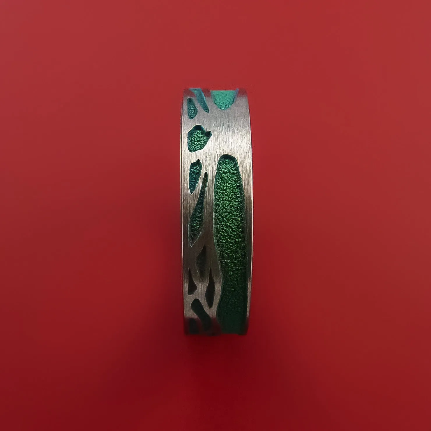 Titanium Spinner Ring with Two-Tree Laser-Etched Pattern and Cerakote Inlays Custom Made Band