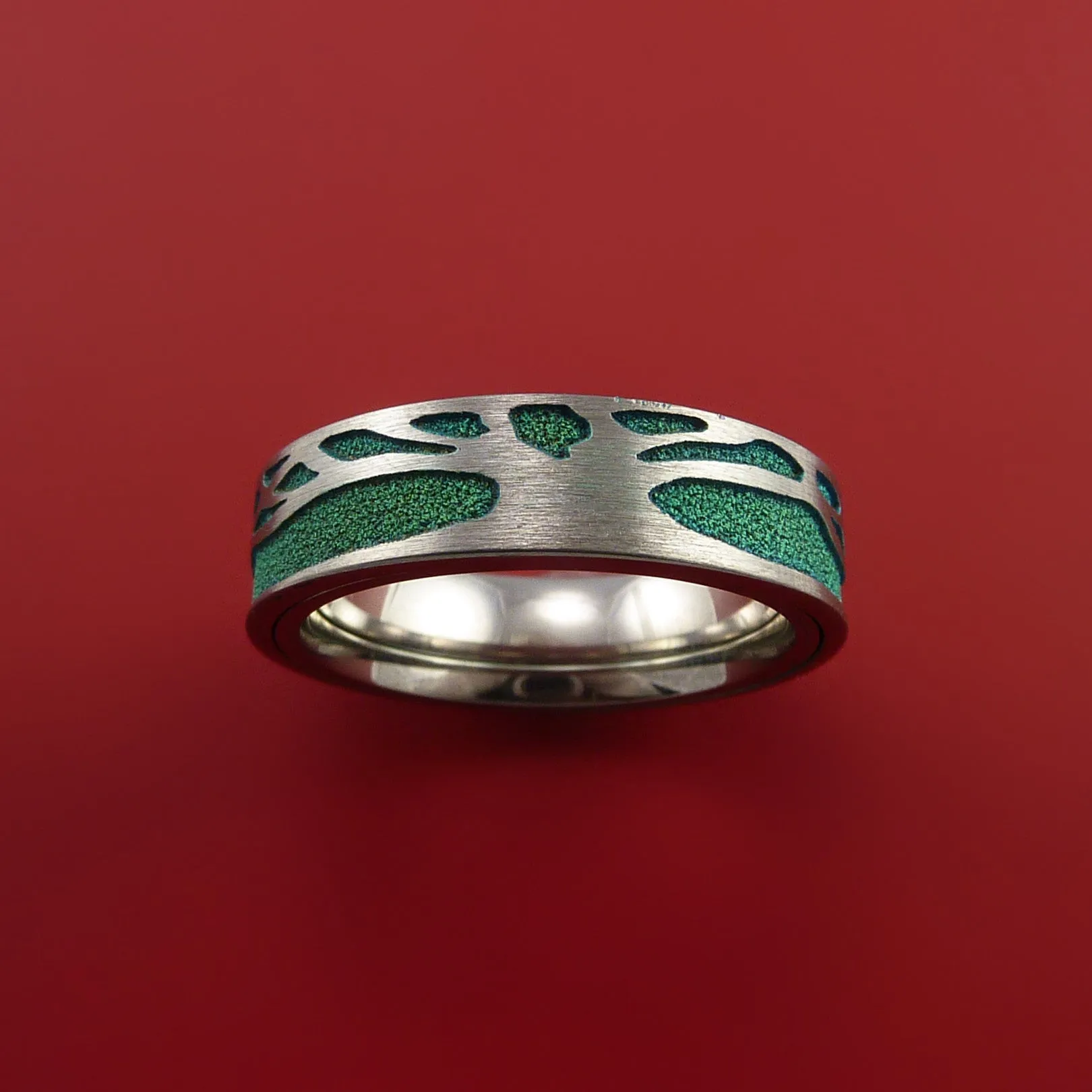 Titanium Spinner Ring with Two-Tree Laser-Etched Pattern and Cerakote Inlays Custom Made Band