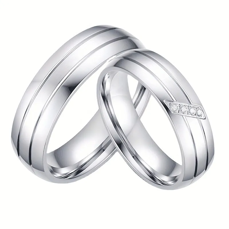 Titanium Steel Couple Ring Two Stainless Steel Couple Artificial Diamond Ring