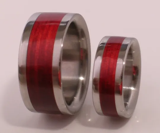 Titanium Wooden Wedding Bands Set of TWO Custom Made Rings Inlaid Exotic Cherry Bahama Size 4 5 6 7 8 9 10 11 12 13 14 15 16 17