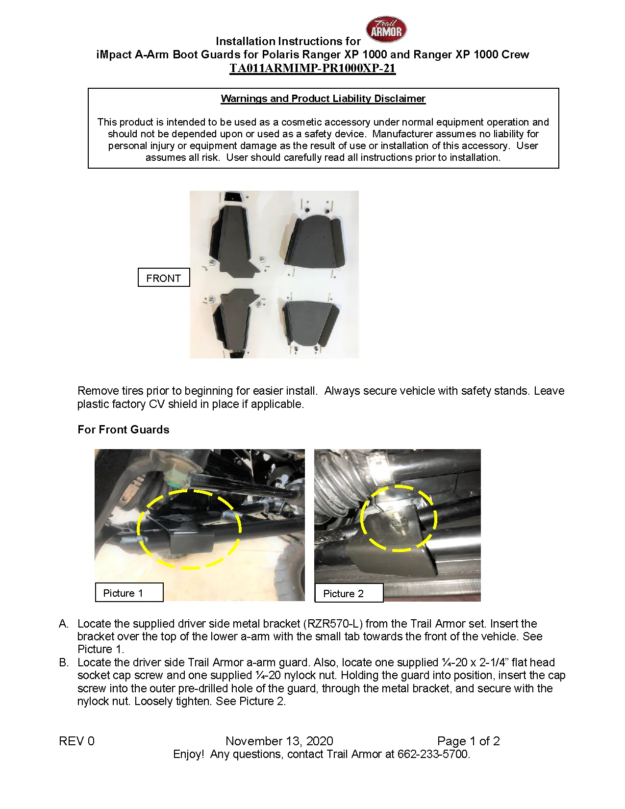 Trail Armor 2021 - 2025 Polaris Ranger XP 1000, Ranger XP 1000 Crew, Ranger Crew 1000, Ranger 1000, 2023 - 2024 Ranger XP Kinetic A-arm Guards for FACTORY STRAIGHT A-ARMS