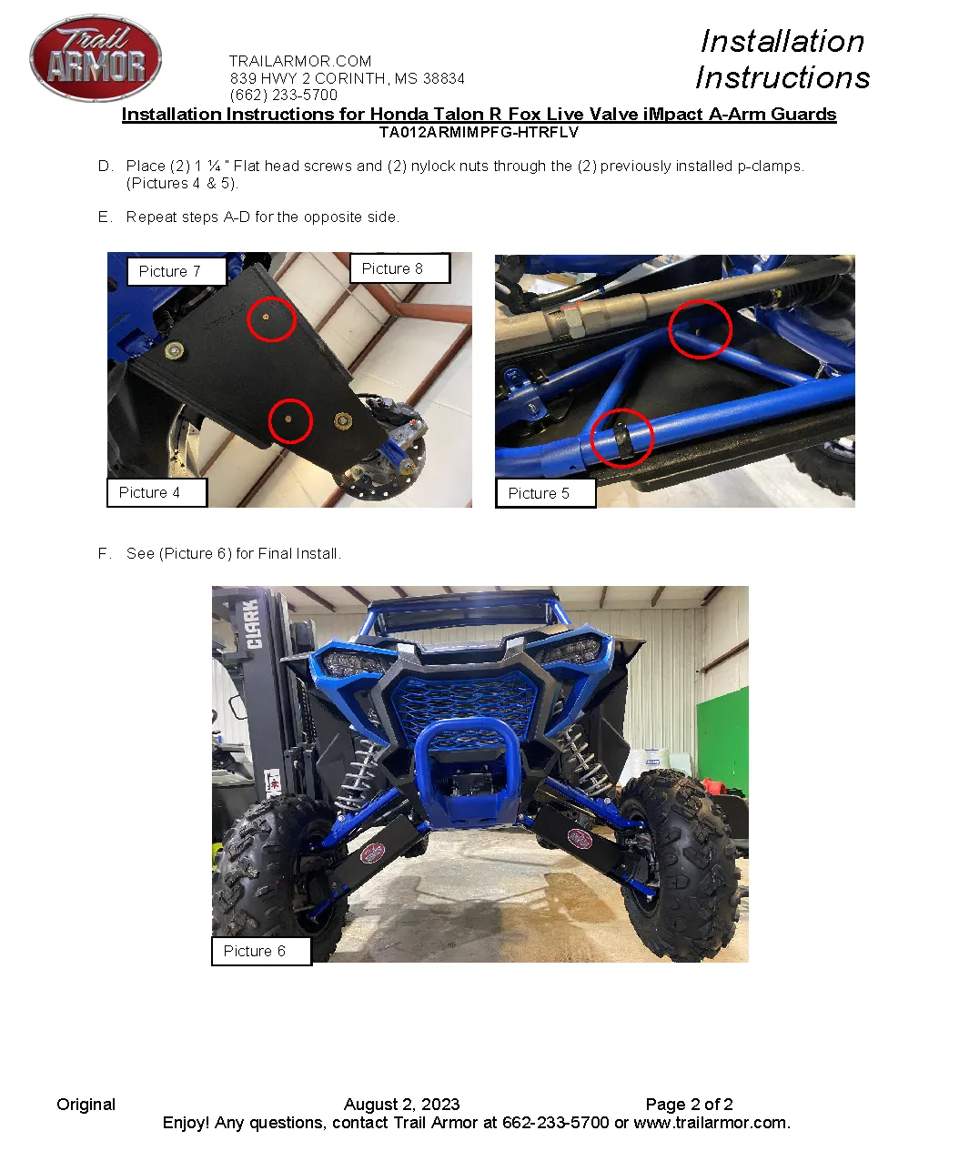 Trail Armor 2023 - 2024 Honda Talon 1000R, Talon 1000 R-4 Fox Live Valve, 2024 Talon 1000R Fox Live Valve iMpact Front A-Arm Guards set of 2