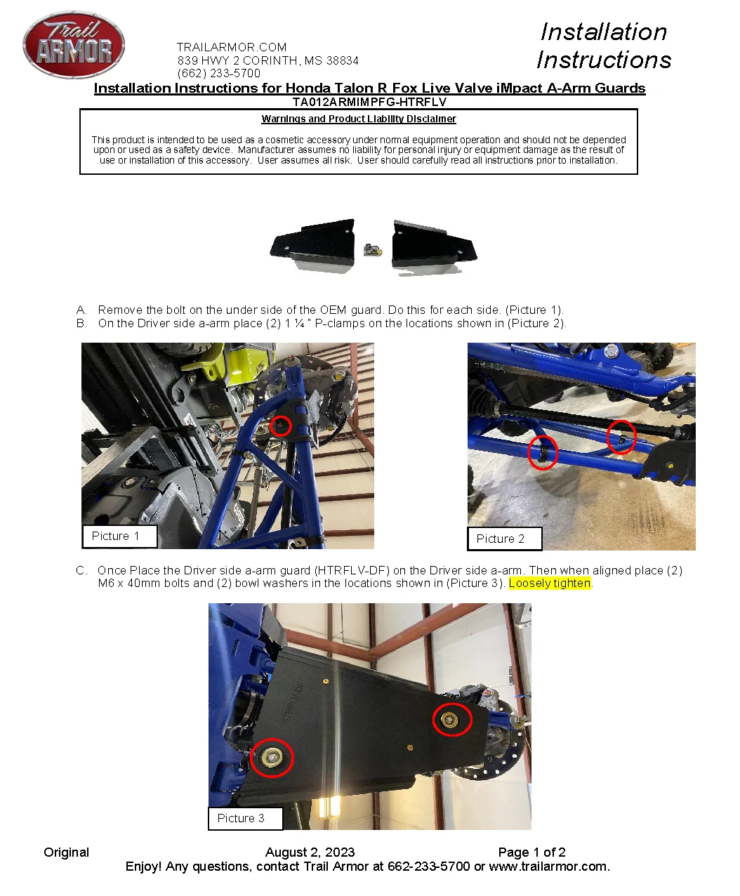 Trail Armor 2023 - 2024 Honda Talon 1000R, Talon 1000 R-4 Fox Live Valve, 2024 Talon 1000R Fox Live Valve iMpact Front A-Arm Guards set of 2