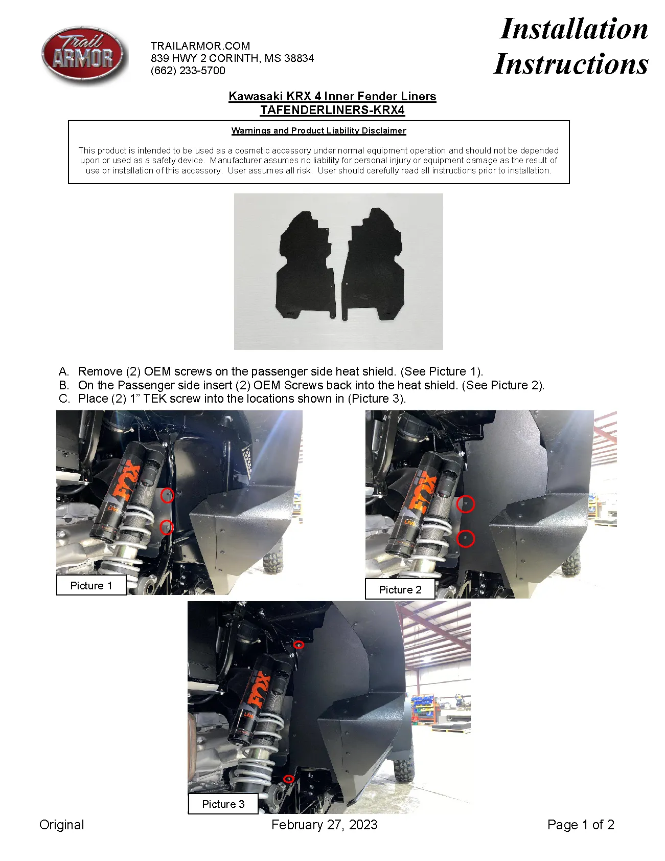 Trail Armor Kawasaki KRX 4 1000 (all editions) Inner Fender Liners 2023 - 2025