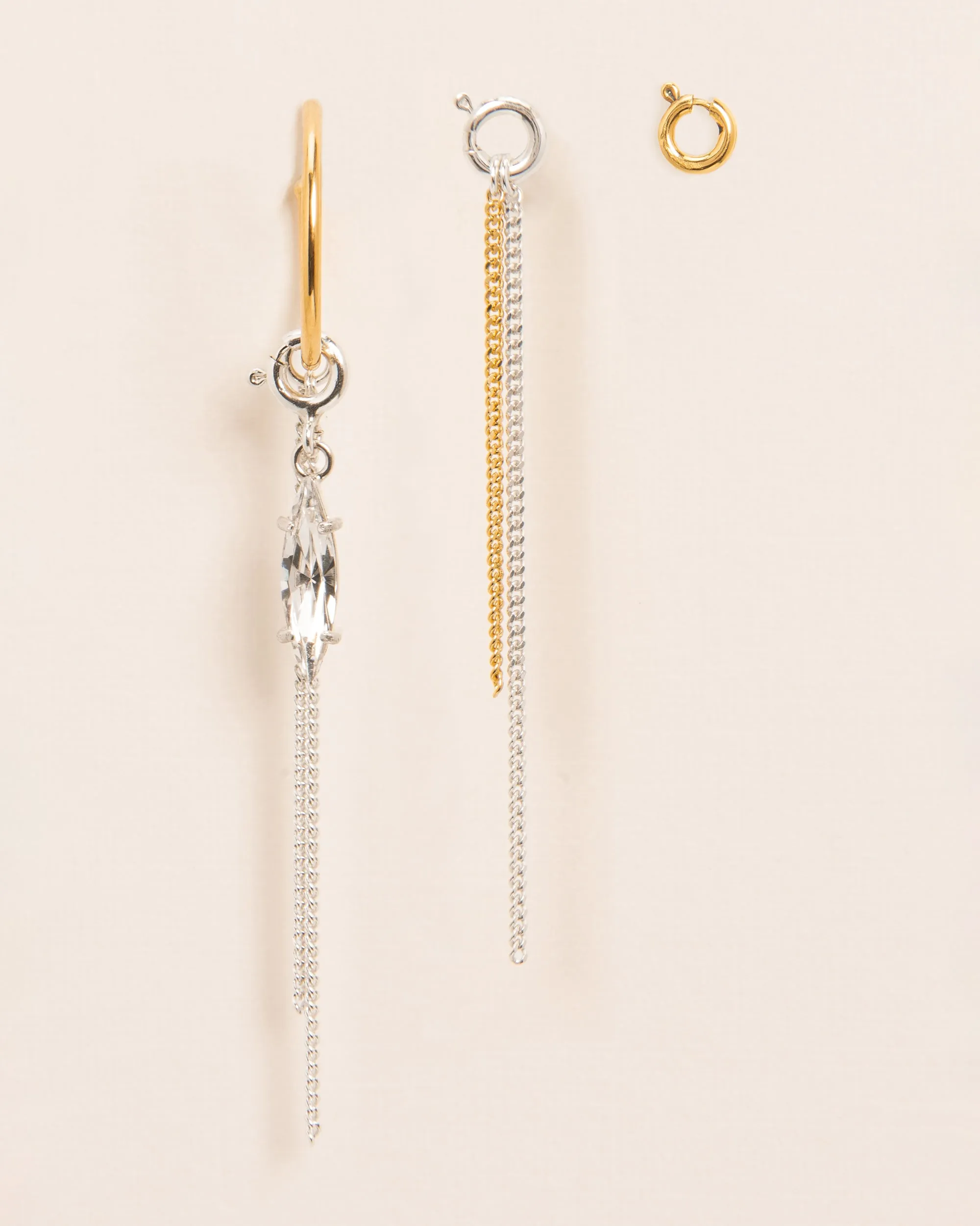 Trio of hoop and stud earrings with marquis crystal, spring ring and falling chains
