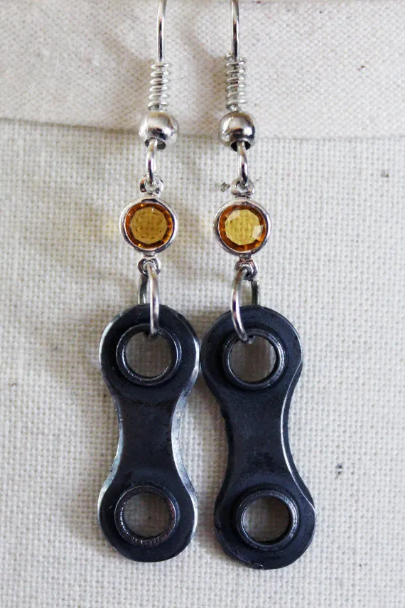 Upcycled Bicycle Chain Earrings with Vintage Swarovski Crystals