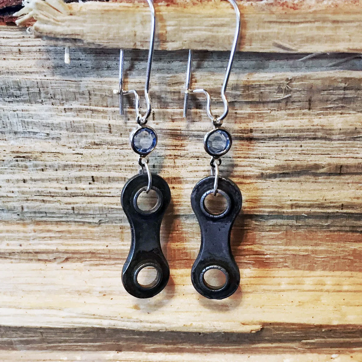 Upcycled Bicycle Chain Earrings with Vintage Swarovski Crystals