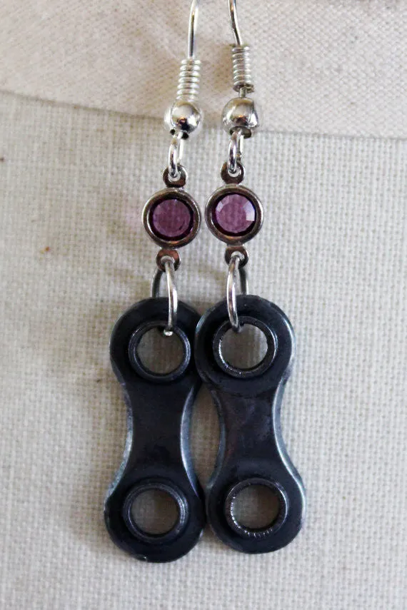 Upcycled Bicycle Chain Earrings with Vintage Swarovski Crystals