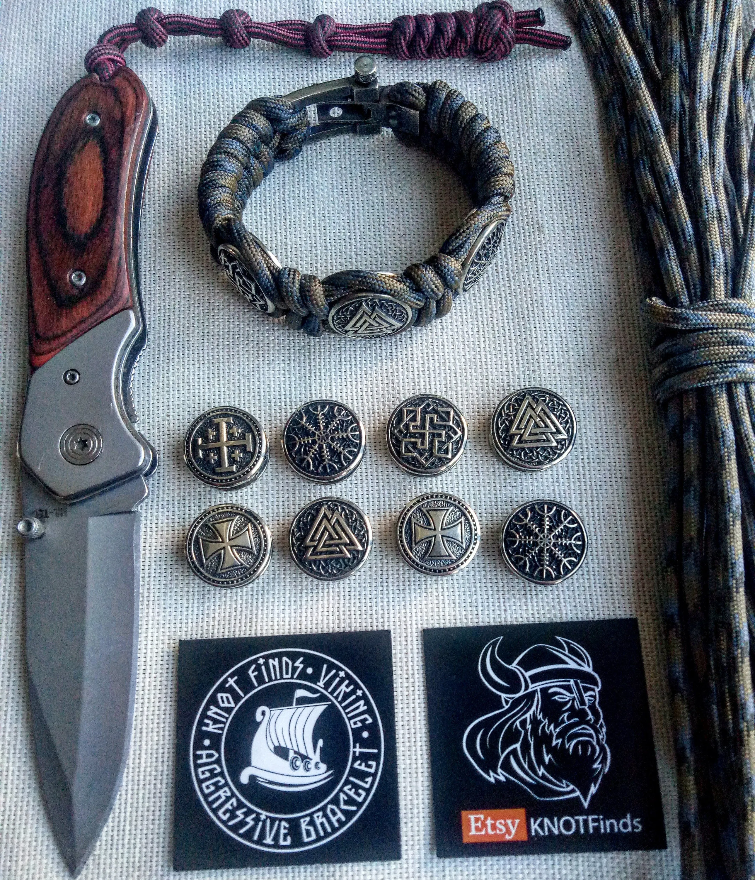 Viking protective amulet with steel beads "Valknut", "Valkyrie", "Horror shield".  Men's style, a gift for tough men. Biker bracelet.