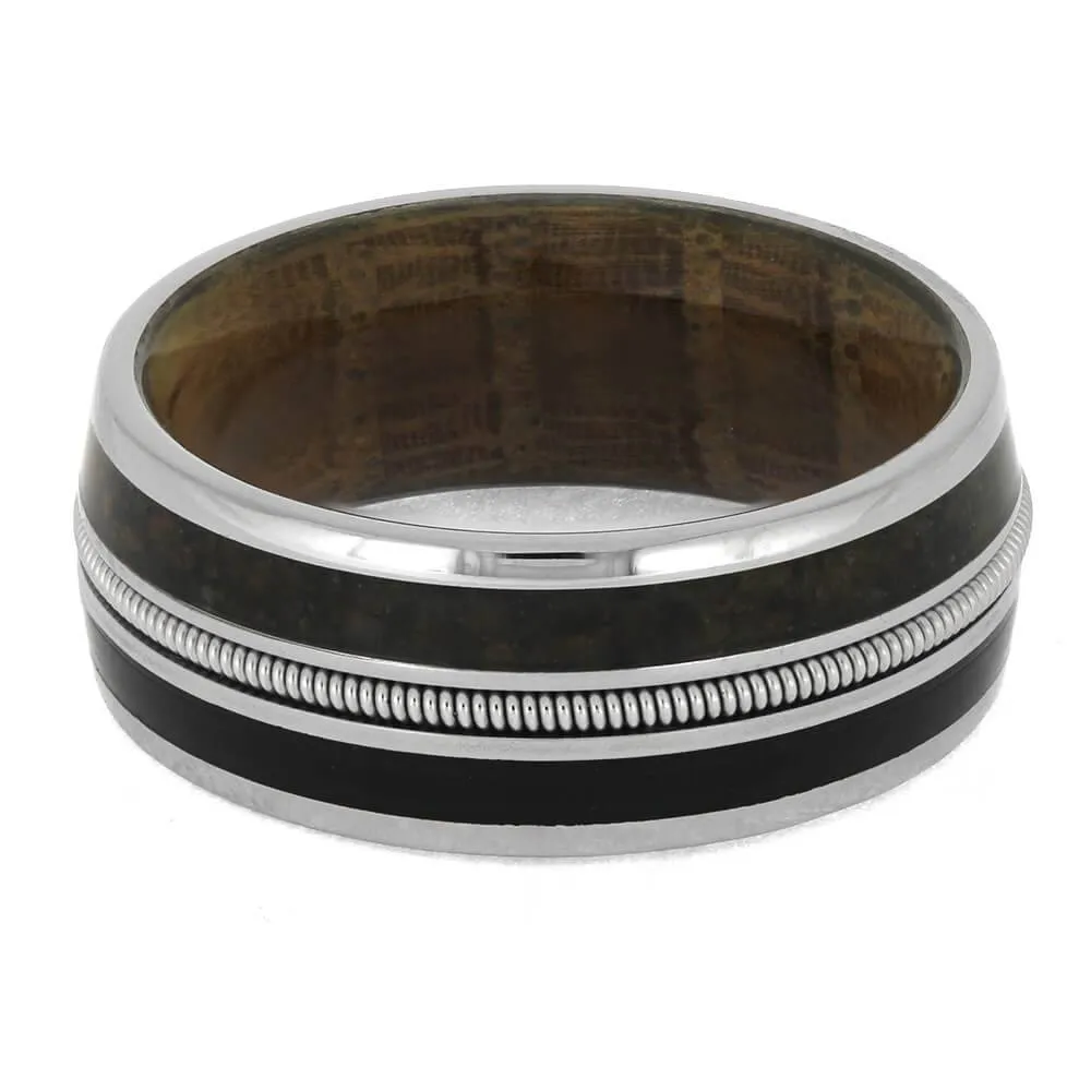 Vinyl Record, Guitar String, and Whiskey Barrel Ring with Fossil Inlay