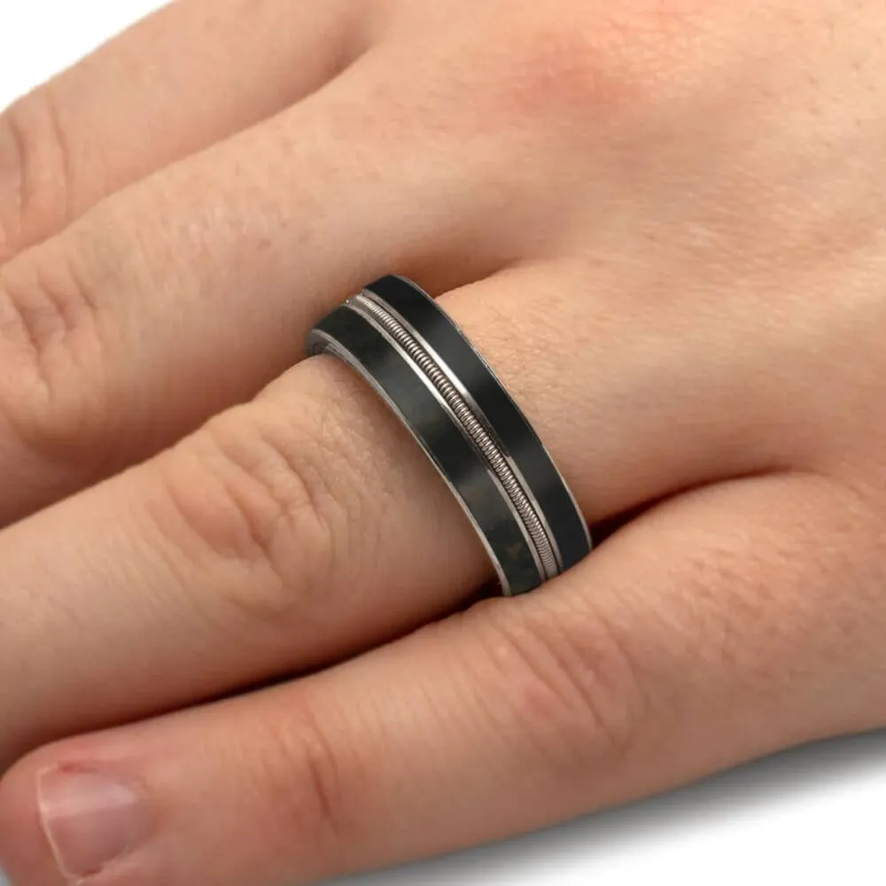 Vinyl Record, Guitar String, and Whiskey Barrel Ring with Fossil Inlay