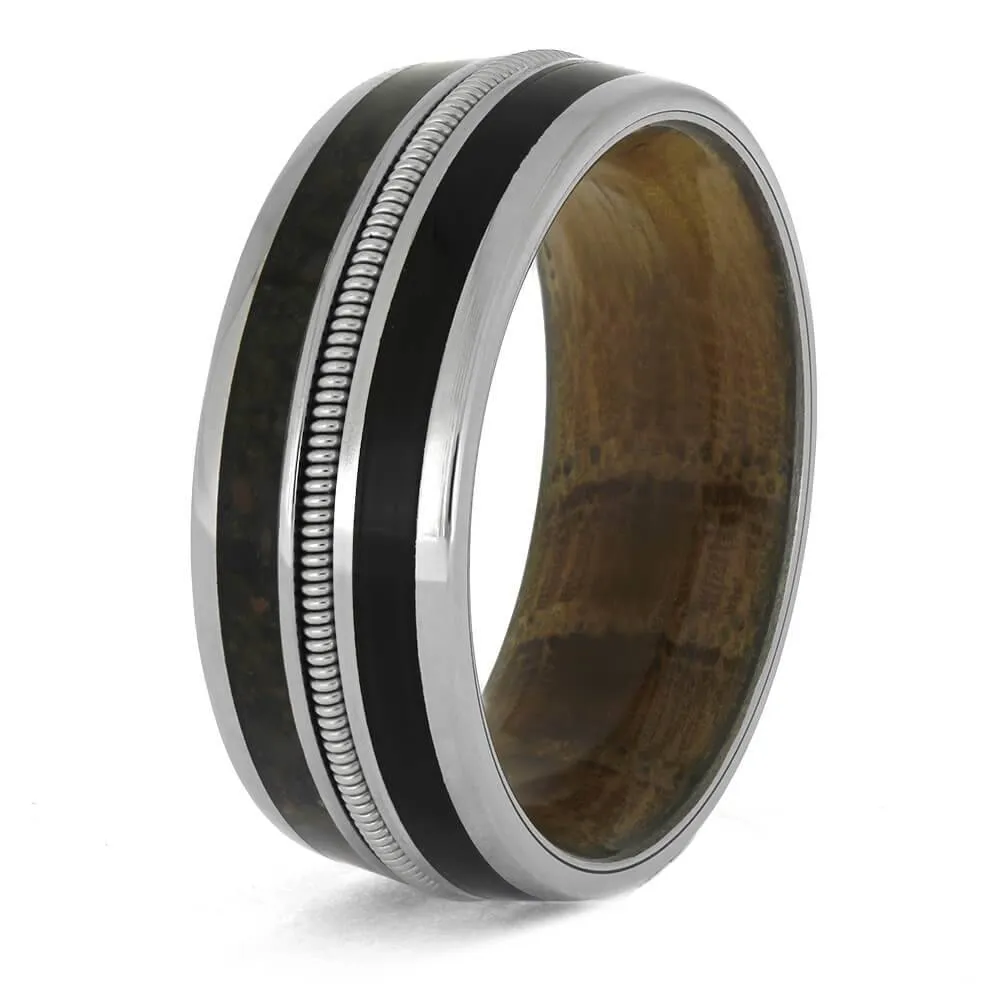 Vinyl Record, Guitar String, and Whiskey Barrel Ring with Fossil Inlay
