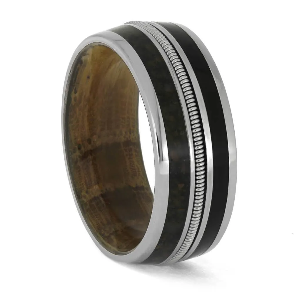 Vinyl Record, Guitar String, and Whiskey Barrel Ring with Fossil Inlay