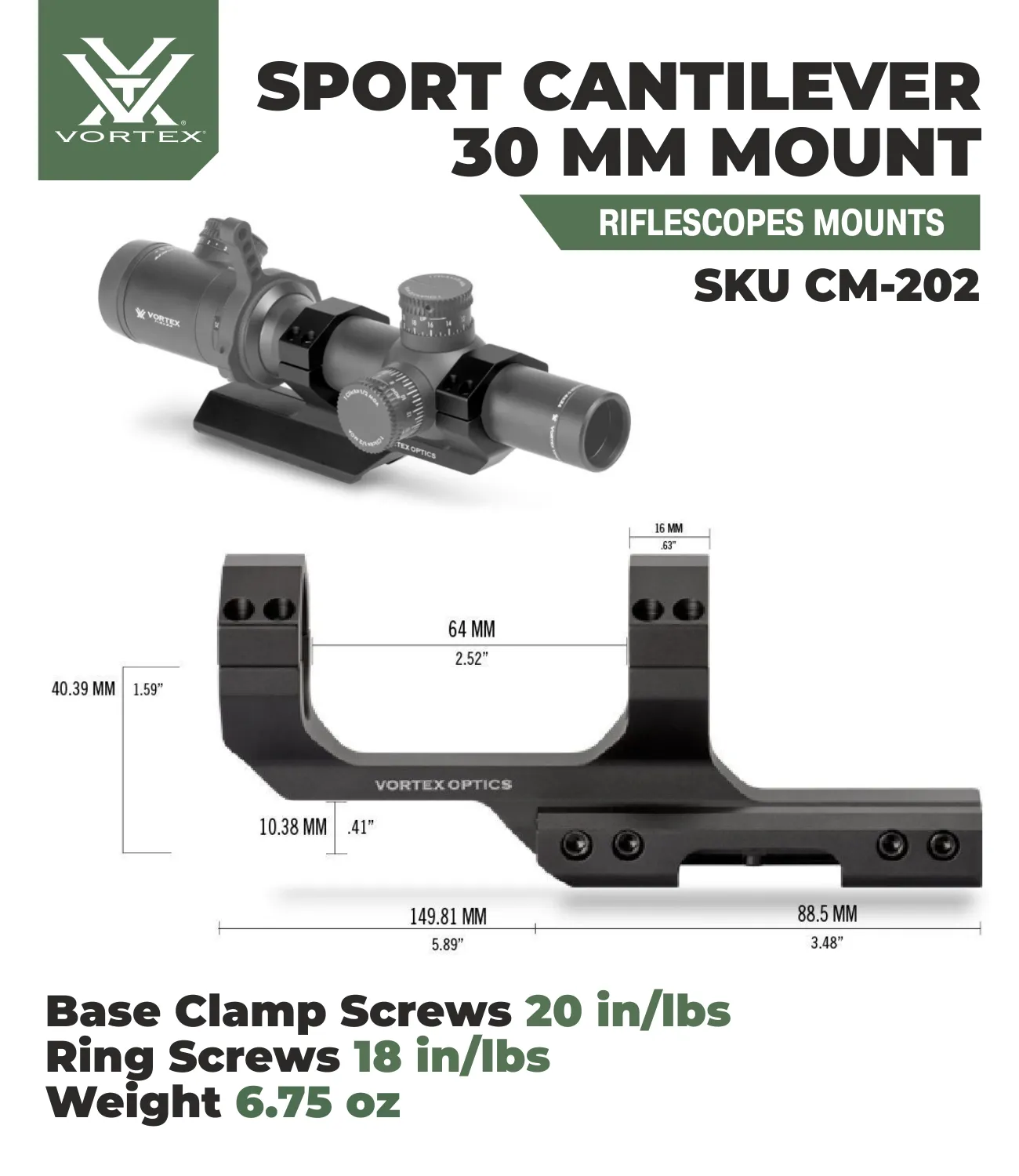 Vortex Optics CM-202 Cantilever Mount 30mm 2" Offset Rings
