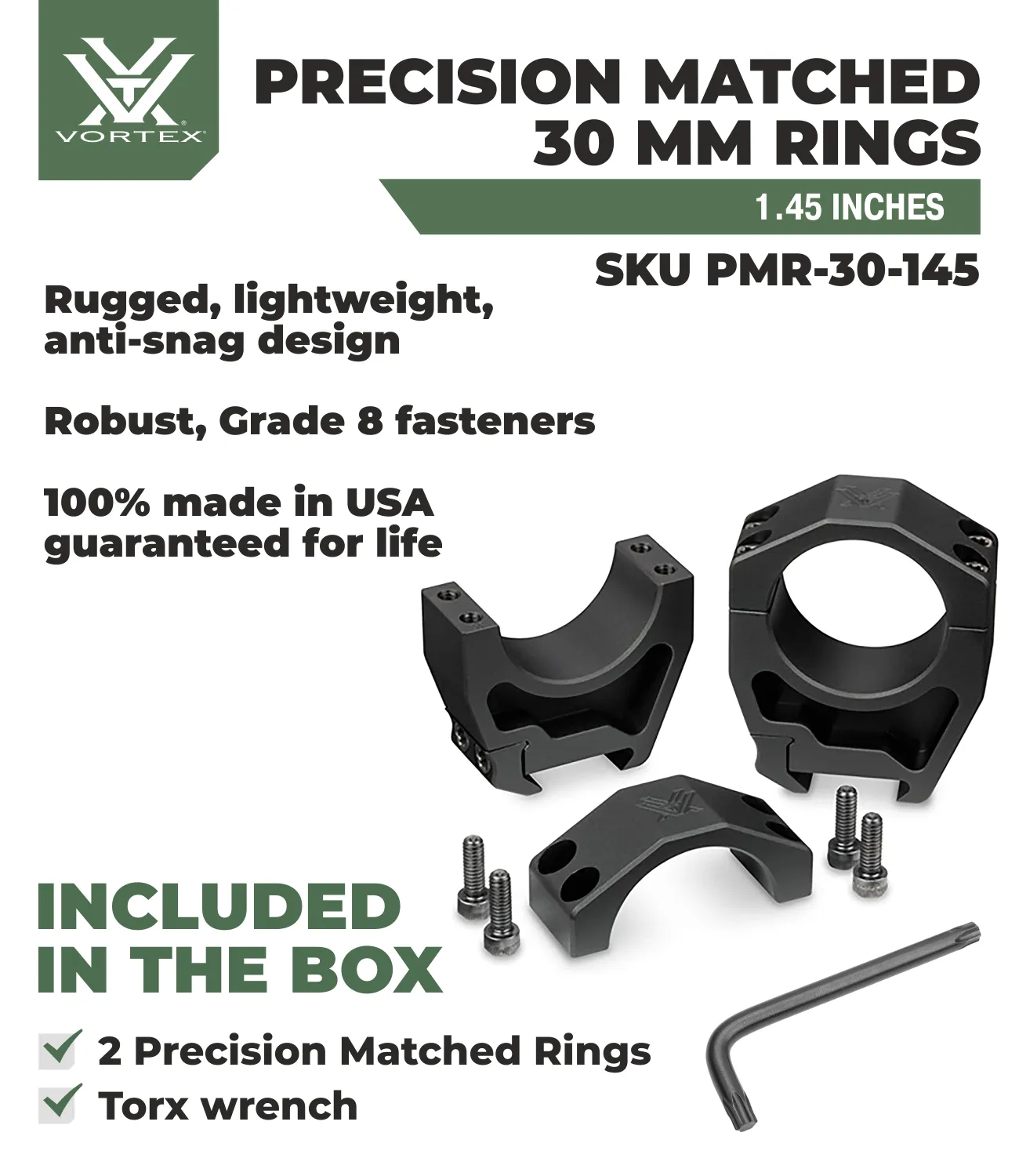 Vortex Optics Precision Match 30mm Rings Set Med 1.45 in with Free Hat Bundle
