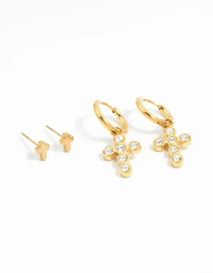 Waterproof Gold Plated Stainless Steel Diamante Cross Earrings 2-Pack
