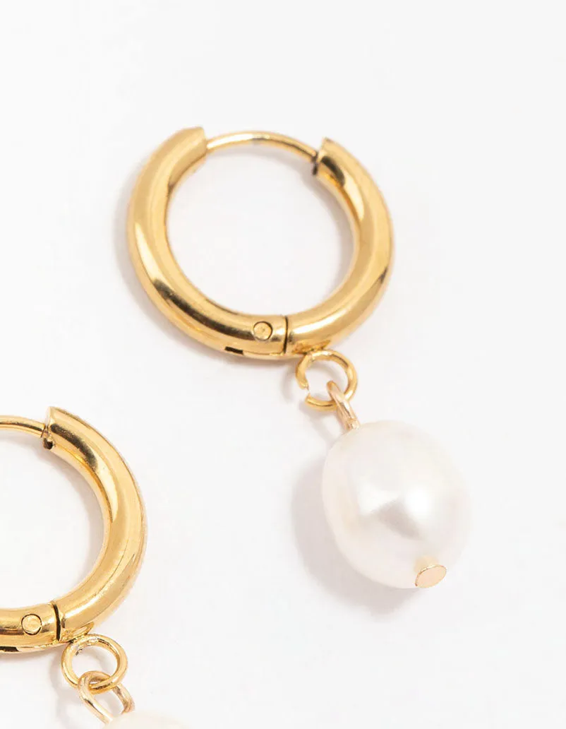 Waterproof Gold Plated Stainless Steel Freshwater Pearl Drop Huggie Earrings