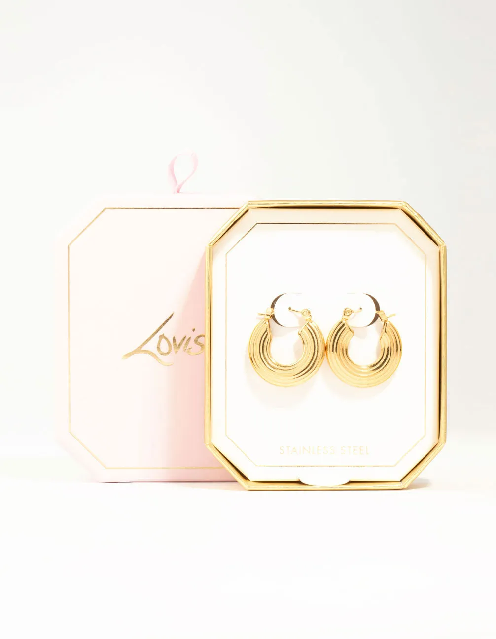 Waterproof Gold Plated Stainless Steel Wide Line Textured Hoop Earrings