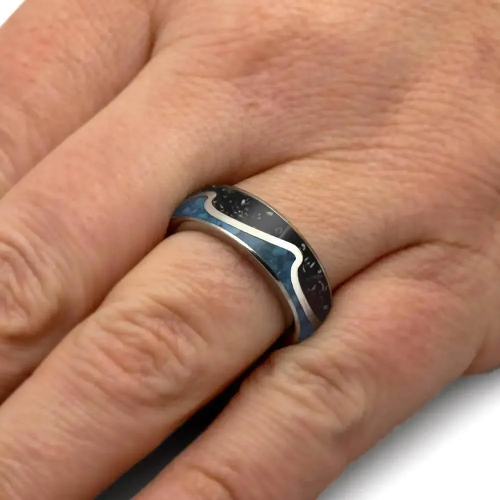 Wavy Wedding Band with Crushed Turquoise and Meteorite Stardust