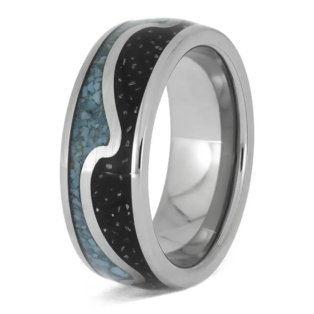 Wavy Wedding Band with Crushed Turquoise and Meteorite Stardust