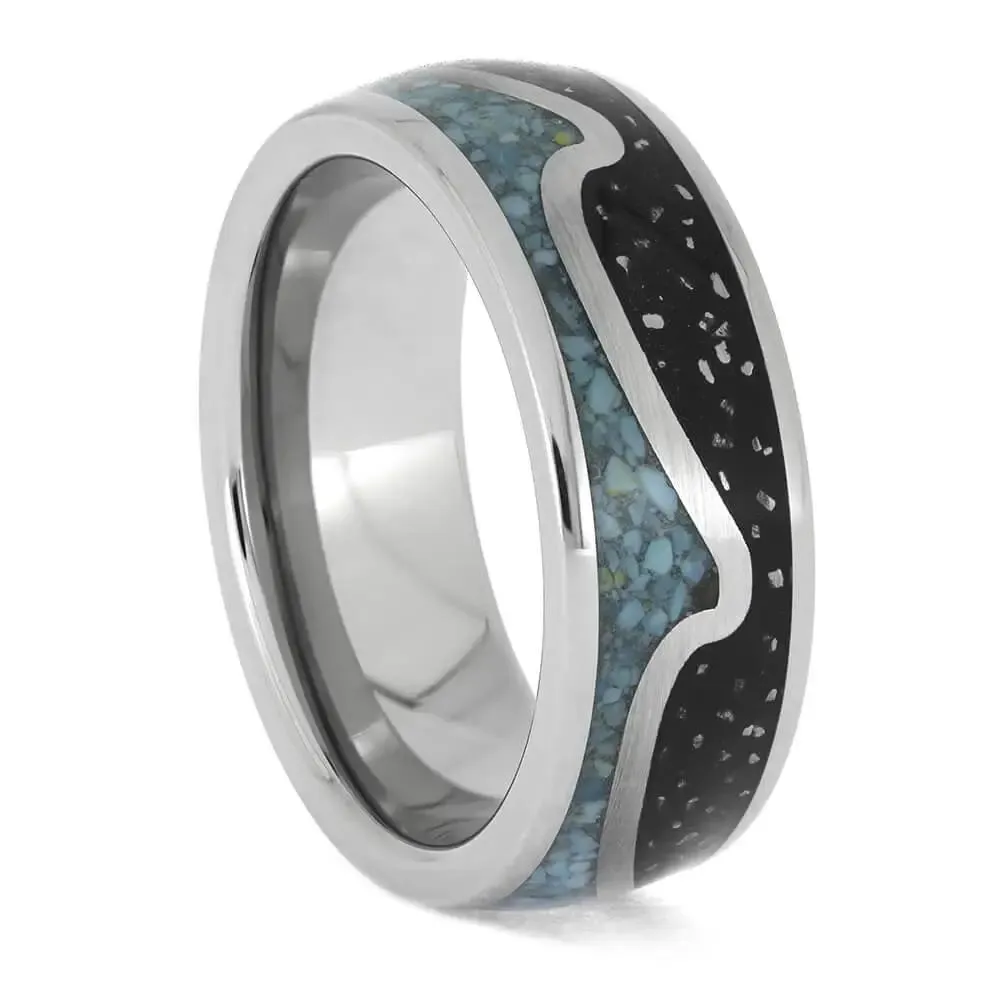 Wavy Wedding Band with Crushed Turquoise and Meteorite Stardust