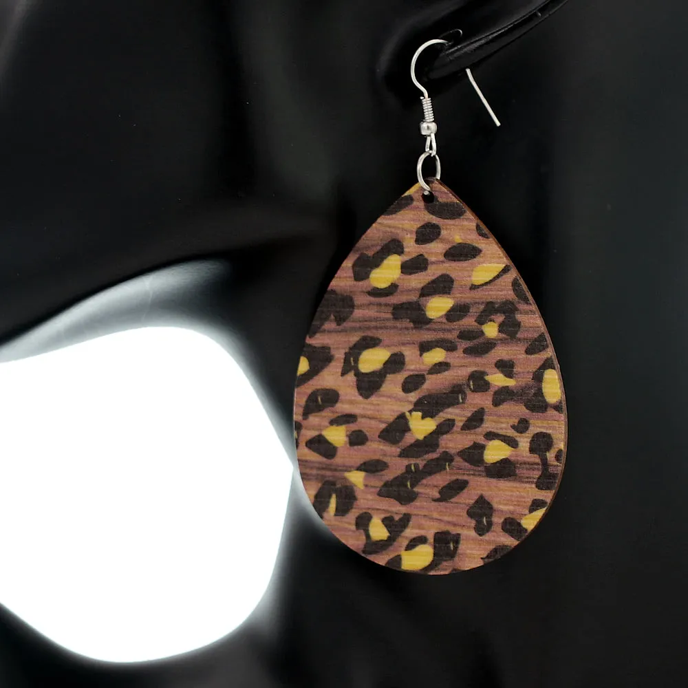 Yellow Cheetah Print Wooden Teardrop Earrings