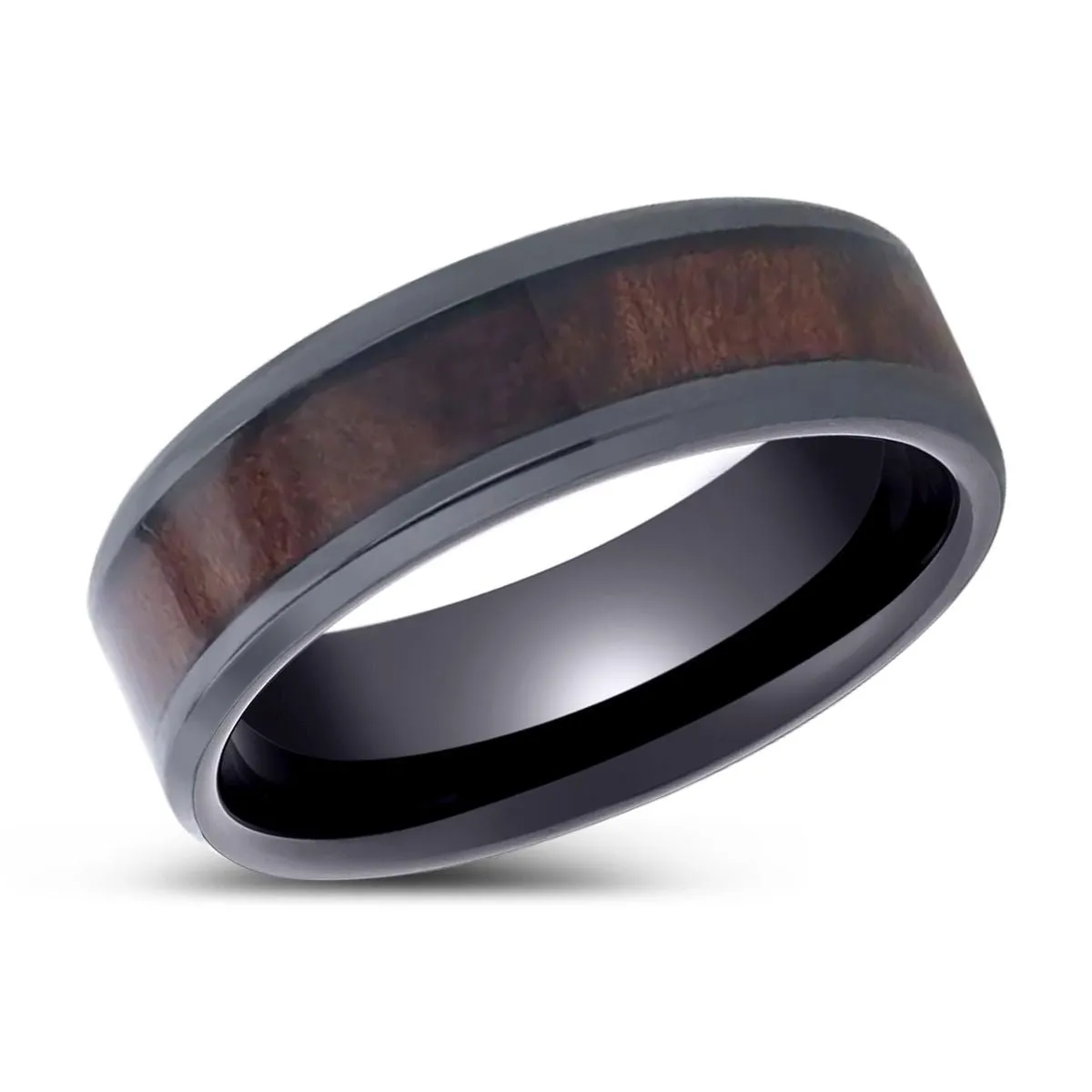 YOSEMITE |  Titanium Ring, Redwood Inlay, Polished Beveled Edges