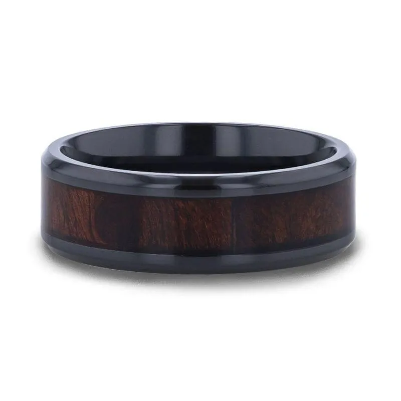 YOSEMITE |  Titanium Ring, Redwood Inlay, Polished Beveled Edges